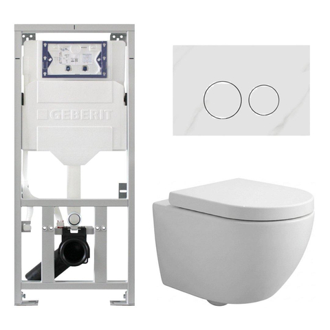 Pack WC QeramiQ Dely Swirl Compact - réservoir encastrable Geberit UP320 - avec bâti-support Burda - abattant 25 mm - plaque de commande en pierre naturelle marbre blanc - boutons ronds - blanc mat SW1595678