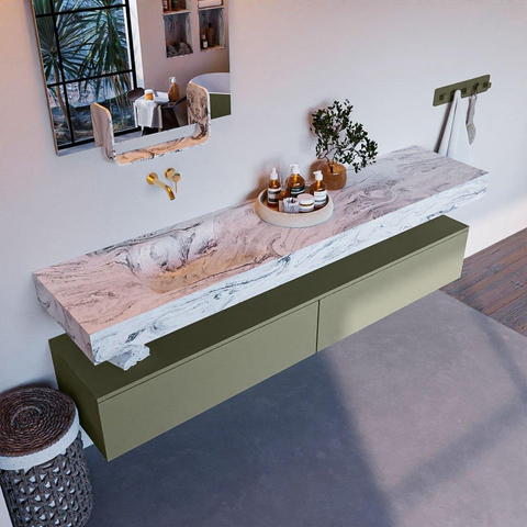 MONDIAZ ALAN - DLUX Ensemble meuble de salle de bains - 200cm - meuble bas - Army - 2 tiroirs - lavabo suspendu - vasque à gauche - 0 trous de robinet - Glace SW805770