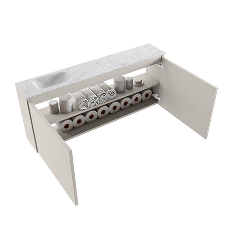 MONDIAZ TURE-DLUX meuble WC 120 cm Linen. EDEN vasque Opalo position à gauche. Avec 1 trou de robinet. SW1104396