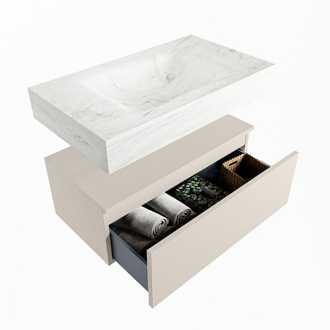 Mondiaz ALAN-DLUX Ensemble de meuble - 80cm - meuble Linen mat - 1 tiroir - Lavabo Cloud Opalo suspendu - vasque Centre - 0 trous de robinet SW806648
