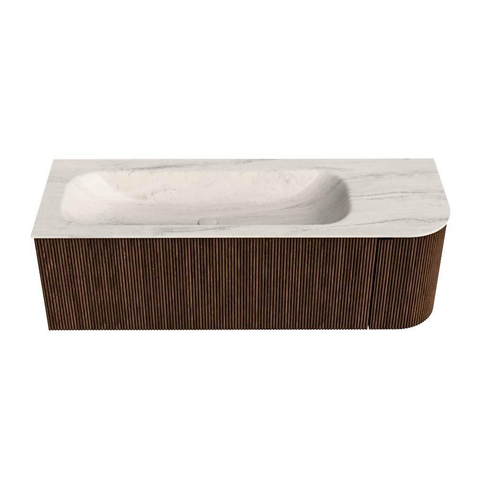 MONDIAZ KURVE-DLUX Meuble de salle de bains 135cm arrondi à droite couleur Walnut avec 1 tiroir et 1 porte. Lavabo BIG MEDIUM gauche 1 trou de robinet Meli. SW1431698