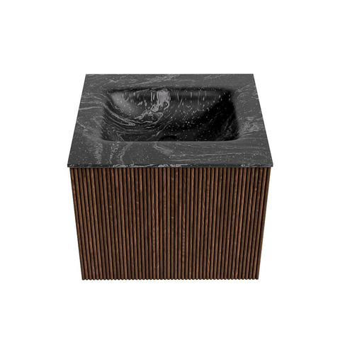MONDIAZ KURVE-DLUX 50cm badmeubel kleur Walnut met 1 lade. Wastafel GRUNNE midden 1 kraangat kleur Lava. SW1137189
