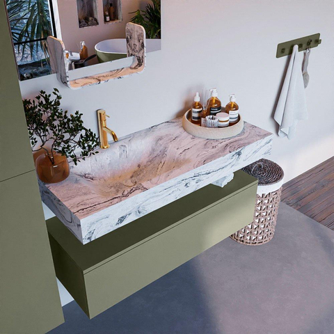 Mondiaz ALAN-DLUX Ensemble de meuble - 110cm - meuble Army mat - 1 tiroir - Lavabo Cloud Glace suspendu - vasque Gauche - 1 trou de robinet SW806148