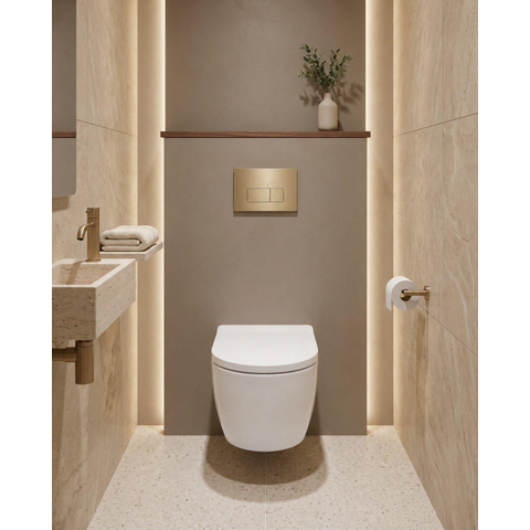 QeramiQ Luma Ensemble WC douche - réservoir encastré Geberit UP320 - avec cadre Burda - sèche-cheveux - douchette féminine - plaque de commande laiton brossé - boutons rectangulaires - blanc brillant SW1472002