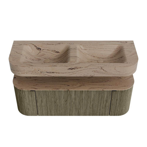 MONDIAZ THOR-DLUX 130cm meuble de salle de bains arrondi gauche + droite couleur Shadow avec 1 tiroir et 2 portes. Vasque suspendue CLOUD Double 2 trous de robinet couleur Arena. SW1463812