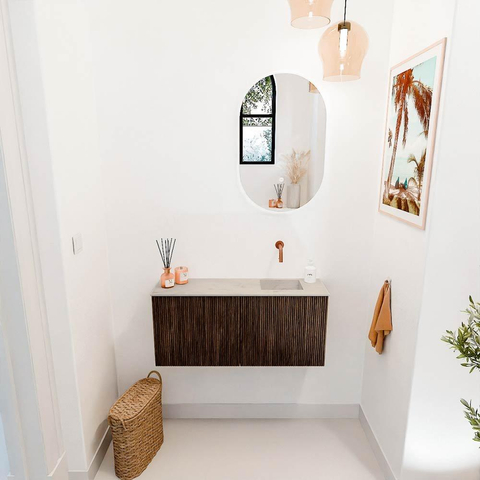 Mondiaz JOYA-DLUX 90cm meuble de salle de bains - couleur Walnut - Vasque FAYE position Droite Sans trou de robinet couleur Opalo. SW1422519