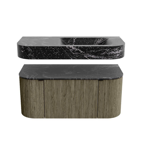 MONDIAZ THOR-DLUX 100cm meuble de salle de bains arrondi gauche + droite couleur Shadow avec 1 tiroir et 2 portes. Vasque suspendue CLOUD Droite sans trou de robinet couleur Lava. SW1467516