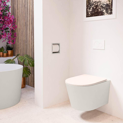 Mondiaz LAVIE hangtoilet – spoelrandloos – 36 x 53 cm – met softclose zitting – Linen (offwhite), zitting Rosee (roze) SW1208688