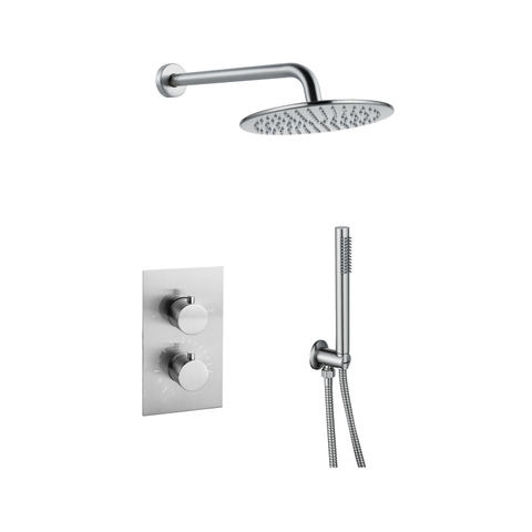 FugaFlow Eccelente Acces Ensemble de douche de tête encastré - thermostatique - bras mural - pomme de douche 25cm - douchette à main sur barre - flexible de douche lisse - Inox brossé PVD (Inox) SW1450663