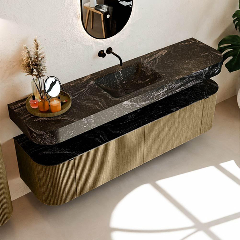 MONDIAZ THOR-DLUX Meuble de salle de bains 180cm arrondi gauche + droite couleur Dusk avec 2 tiroirs et 2 portes. Vasque suspendue CLOUD Milieu sans trou de robinet couleur Lava. SW1466011