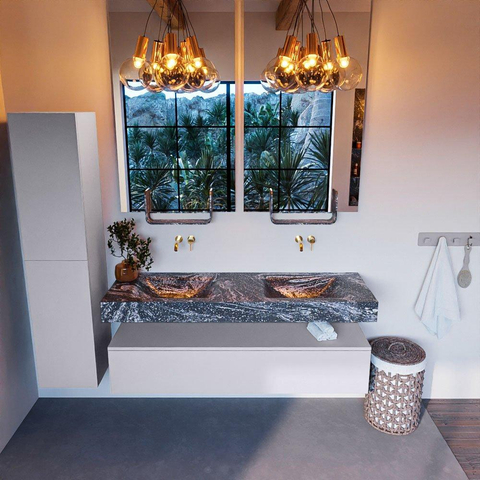 Mondiaz ALAN-DLUX Ensemble de meuble - 150cm - meuble Cale mat - 1 tiroir - Lavabo Cloud Lava suspendu - vasque Gauche et droite - 0 trous de robinet SW808488