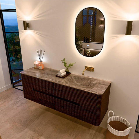 Mondiaz CIRO-DLUX Ensemble de meuble de salle de bains - 150x45x50cm - plan de toilette en solid surface Oza - 1 vasque à droite - sans trous de robinet - 4 tiroirs - Noyer SW1530647