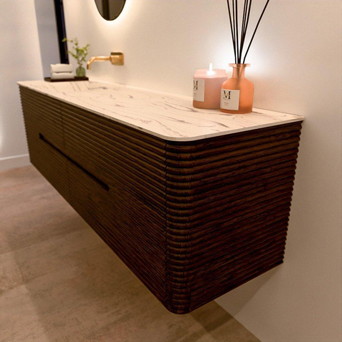 Mondiaz CIRO-DLUX Badkamermeubelset - 170x45x50cm - Solid surface wastafel Nata - 1 wasbak Links - zonder kraangaten - 4 lades - Walnut SW1530587