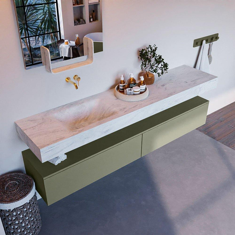 Mondiaz ALAN-DLUX Ensemble de meuble - 200cm - meuble Army mat - 2 tiroirs - Lavabo Cloud Opalo suspendu - vasque Gauche - 0 trous de robinet SW806911