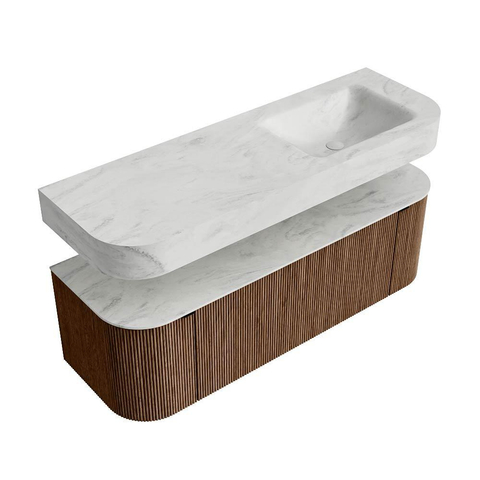 MONDIAZ THOR-DLUX 140cm badmeubel ronding links + rechts kleur Walnut met 1 lade en 2 deuren. Vrijhangende wastafel CLOUD Rechts 1 kraangat kleur Opalo. SW1464089