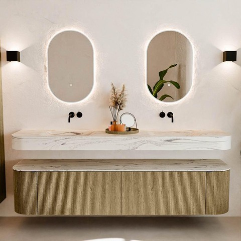 MONDIAZ THOR-DLUX 200cm meuble de salle de bains arrondi gauche + droite couleur Dusk avec 2 tiroirs et 2 portes. Vasque suspendue CLOUD Double sans trou de robinet couleur Nata. SW1467153