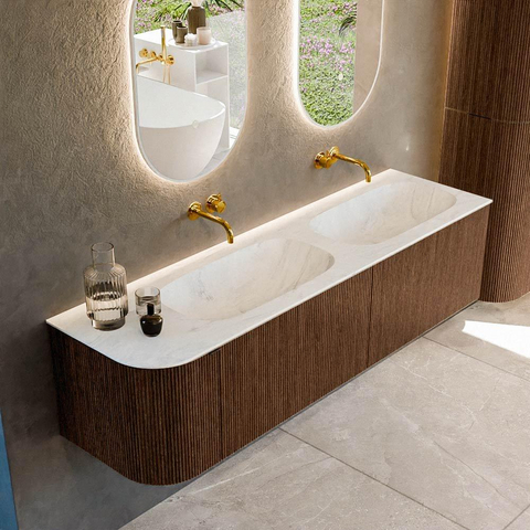 MONDIAZ KURVE-DLUX Meuble de salle de bains 165cm avec module 25 L couleur Walnut avec 2 tiroirs et 1 porte. Lavabo STOR SMALL double / à droite sans trou de robinet couleur Opalo. SW1137666