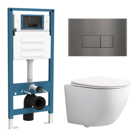 QeramiQ Dely Swirl Compact Toiletset - inbouwreservoir QeramiQ flush - slim zitting - metalen bedieningsplaat gunmetal - rechthoekige knoppen - glans wit SW1590501
