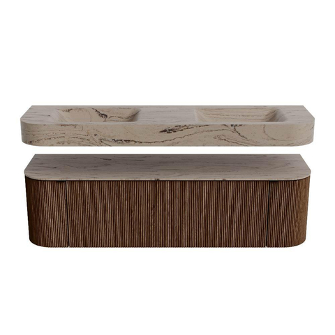 MONDIAZ THOR-DLUX 160cm meuble de salle de bains arrondi gauche + droite couleur Walnut avec 1 tiroir et 2 portes. Vasque suspendue CLOUD Double 2 trous de robinet couleur Arena. SW1465129