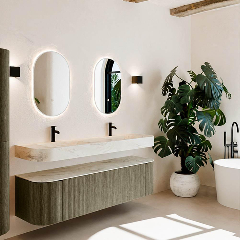 MONDIAZ THOR-DLUX 170cm meuble de salle de bains arrondi gauche + droite couleur Shadow avec 1 tiroir et 2 portes. Vasque suspendue CLOUD Double 2 trous de robinet couleur Ostra. SW1465544