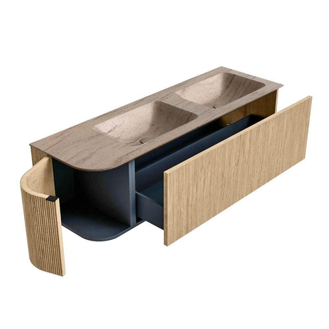MONDIAZ KURVE-DLUX Meuble de salle de bains 145cm arrondi à gauche couleur Chêne avec 1 tiroir et 1 porte. Lavabo LEAF Double / Droite sans trou de robinet Saba. SW1433108