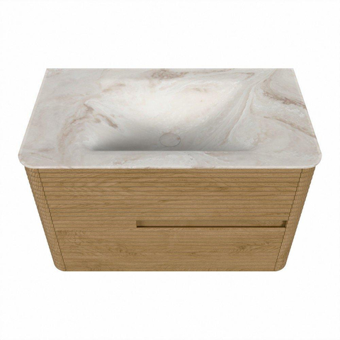 Mondiaz CIRO-DLUX Meuble de salle de bains - 80x45x50cm - Plan vasque solid surface Frappe - 1 lavabo au milieu - 1 trou de robinet - 2 tiroirs - Chêne SW1530801