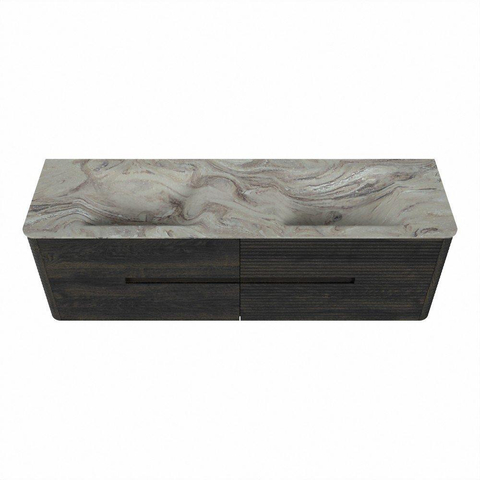 Mondiaz CIRO-DLUX Meuble de salle de bains - 160x45x50cm - Plan vasque solid surface Glace - 2 vasques double - 2 trous de robinetterie - 4 tiroirs - Shadow SW1532224