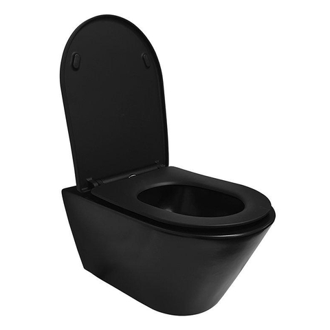 Wiesbaden Stereo toiletset rimless inclusief UP320 toiletreservoir met softclose zitting met bedieningsplaat mat zwart SW487355
