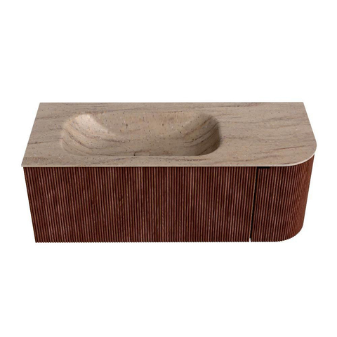 MONDIAZ KURVE-DLUX Meuble de salle de bains 115cm arrondi à droite couleur Ruby avec 1 tiroir et 1 porte. Lavabo BIG SMALL gauche sans trou de robinet Saba. SW1433466