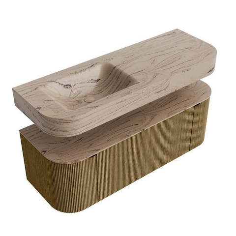 MONDIAZ THOR-DLUX 130cm meuble de salle de bains arrondi gauche + droite couleur Dusk avec 1 tiroir et 2 portes. Vasque suspendue CLOUD Gauche 1 trou de robinet couleur Arena. SW1463760