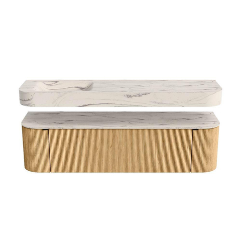 MONDIAZ THOR-DLUX 170cm meuble de salle de bains arrondi gauche + droite couleur Oak avec 1 tiroir et 2 portes. Vasque suspendue CLOUD Gauche 1 trou de robinet couleur Nata. SW1465778
