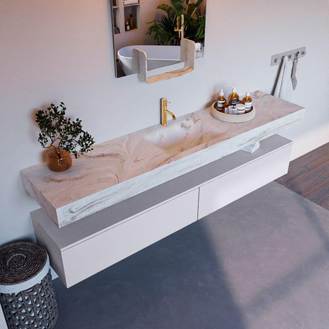 Mondiaz ALAN-DLUX Ensemble de meuble - 200cm - meuble Cale mat - 2 tiroirs - Lavabo Cloud Frappe suspendu - vasque Centre - 1 trou de robinet SW804856