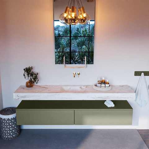 Mondiaz ALAN-DLUX Ensemble de meuble - 200cm - meuble Army mat - 2 tiroirs - Lavabo Cloud Frappe suspendu - vasque Centre - 0 trous de robinet SW804790