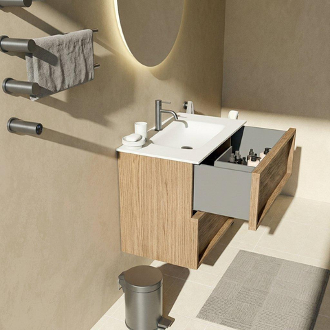 Saniclass Holz Frame Badkamermeubelset - 80x45x61.5cm - Flow solid surface wastafel wit - 1 wasbak - 1 kraangat - 2 lades - mat eiken natural (hout) SW1579970