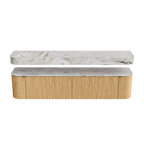MONDIAZ THOR-DLUX 200cm meuble de salle de bains arrondi gauche + droite couleur Oak avec 2 tiroirs et 2 portes. Vasque suspendue CLOUD Gauche 1 trou de robinet couleur Glace. SW1466937