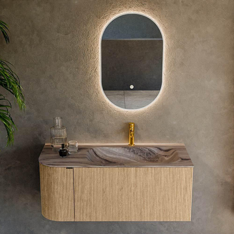 MONDIAZ KURVE-DLUX Meuble de salle de bains 105cm arrondi à gauche couleur Oak avec 1 tiroir et 1 porte. Lavabo BIG SMALL à droite 1 trou de robinet Sombra. SW1433548