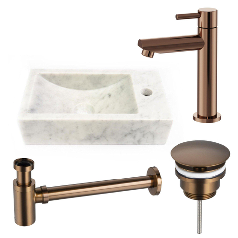 Saniclass Fuente fonteinset – rechthoekig – 40x22x10 cm – natuursteen wit – koperen kraan SW1111499