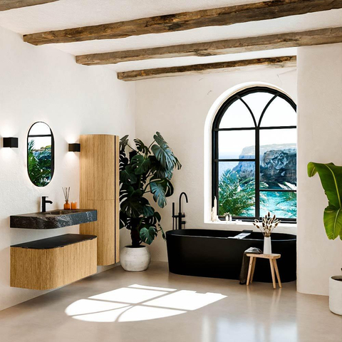 MONDIAZ THOR-DLUX 100cm meuble de salle de bains arrondi gauche + droite couleur Chêne avec 1 tiroir et 2 portes. Vasque suspendue CLOUD Milieu 1 trou de robinet couleur Lava. SW1467307