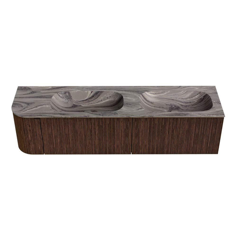 MONDIAZ KURVE-DLUX Meuble de salle de bains 175cm arrondi à gauche couleur Walnut avec 2 tiroirs et 1 porte. Lavabo STOR SMALL Double / Droite 2 trous de robinet Sombra. SW1433718