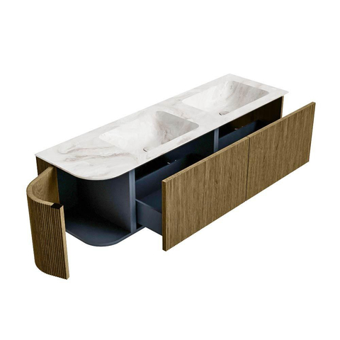 Mondiaz KURVE-DLUX Badkamermeubelset - 155x46x40cm - 2 lade - 1 deur - wastafel solid surface - dubbel / rechts - zonder kraangat - Dusk SW1415013
