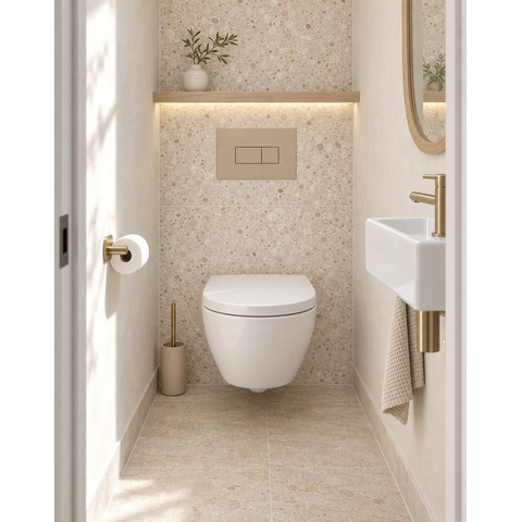 Pack WC QeramiQ Dely Swirl Compact - réservoir encastrable Geberit UP320 - avec bâti-support Burda - abattant 25 mm - plaque de commande en plastique taupe - boutons rectangulaires - blanc brillant SW1592339