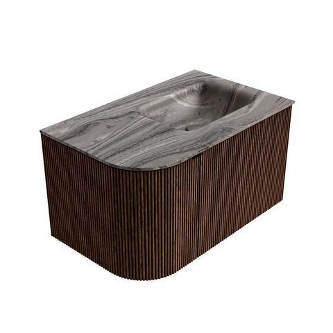 MONDIAZ KURVE-DLUX Meuble de salle de bains 75cm courbe à gauche couleur Walnut avec 1 tiroir et 1 porte. Lavabo GRUNNE à droite sans trou de robinet Sombra. SW1433623