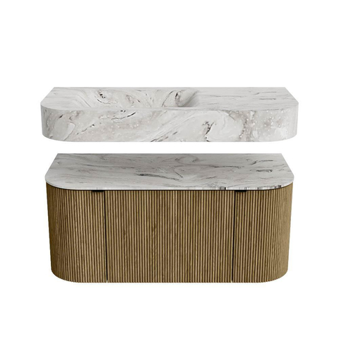 MONDIAZ THOR-DLUX 100cm meuble de salle de bains arrondi gauche + droite couleur Dusk avec 1 tiroir et 2 portes. Vasque suspendue CLOUD Gauche sans trou de robinet couleur Glace. SW1467399