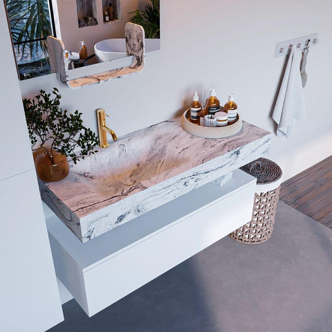 Mondiaz ALAN-DLUX Ensemble de meuble - 110cm - meuble Talc mat - 1 tiroir - Lavabo Cloud Glace suspendu - vasque Gauche - 1 trou de robinet SW805095