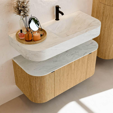 MONDIAZ THOR-DLUX 100cm meuble de salle de bains arrondi gauche + droite couleur Chêne avec 1 tiroir et 2 portes. Vasque suspendue CLOUD Droite 1 trou de robinet couleur Opalo. SW1467325