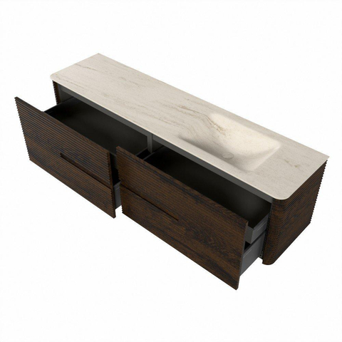 Mondiaz CIRO-DLUX Meuble de salle de bains - 180x45x50cm - Plan vasque solid surface Meli - 1 vasque à droite - sans trous de robinetterie - 4 tiroirs - Noyer SW1530539