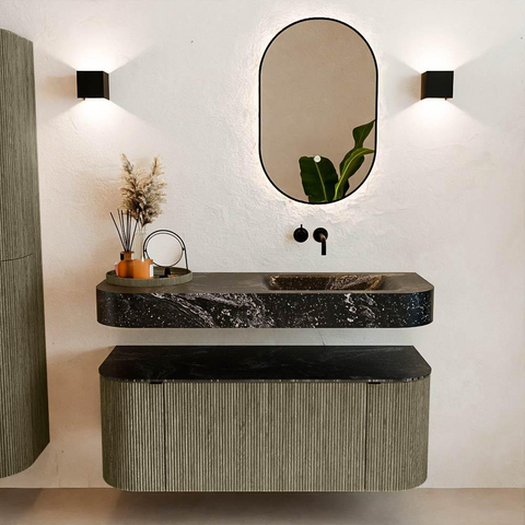 MONDIAZ THOR-DLUX 120cm meuble de salle de bains arrondi gauche + droite couleur Shadow avec 1 tiroir et 2 portes. Vasque suspendue CLOUD droite sans trou de robinet couleur Lava. SW1463155