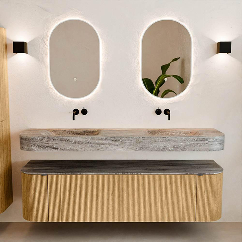 MONDIAZ THOR-DLUX 170cm badmeubel ronding links + rechts kleur Oak met 1 lade en 2 deuren. Vrijhangende wastafel CLOUD Dubbel zonder kraangat kleur Oza. SW1465667