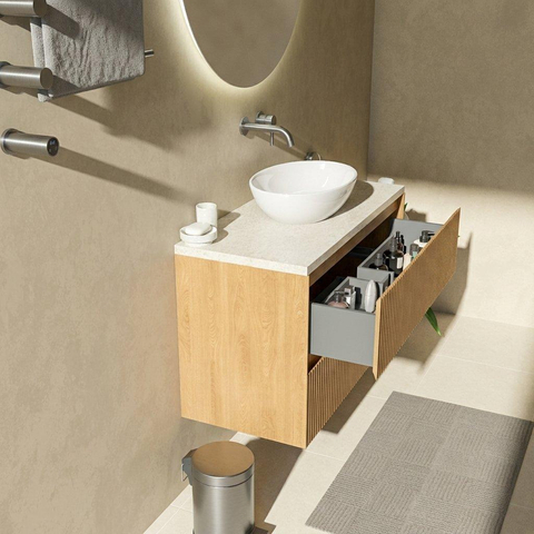 Saniclass Holz Atelier Badkamermeubelset - 100x45x63cm - Travertine natuurstenen topblad - zonder kraangat - 2 lades - mat eiken natural (hout) SW1478853