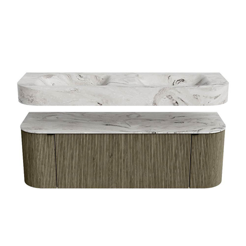 MONDIAZ THOR-DLUX 140cm meuble de salle de bains arrondi gauche + droite couleur Shadow avec 1 tiroir et 2 portes. Vasque suspendue CLOUD Double sans trou de robinet couleur Glace. SW1464151